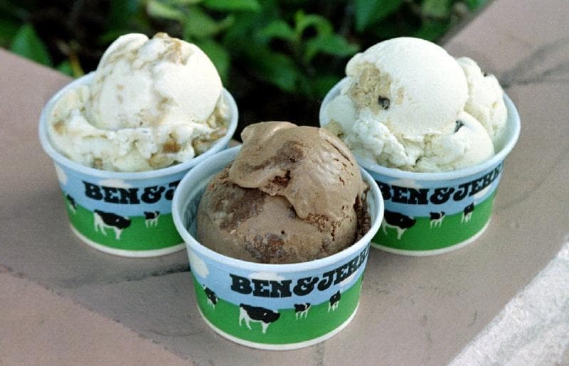 Three flavors of Ben & Jerry's ice cream: rain forest crunch, chocolate fudge and chocolate chip cookie dough. REUTERS/Fred Prouser