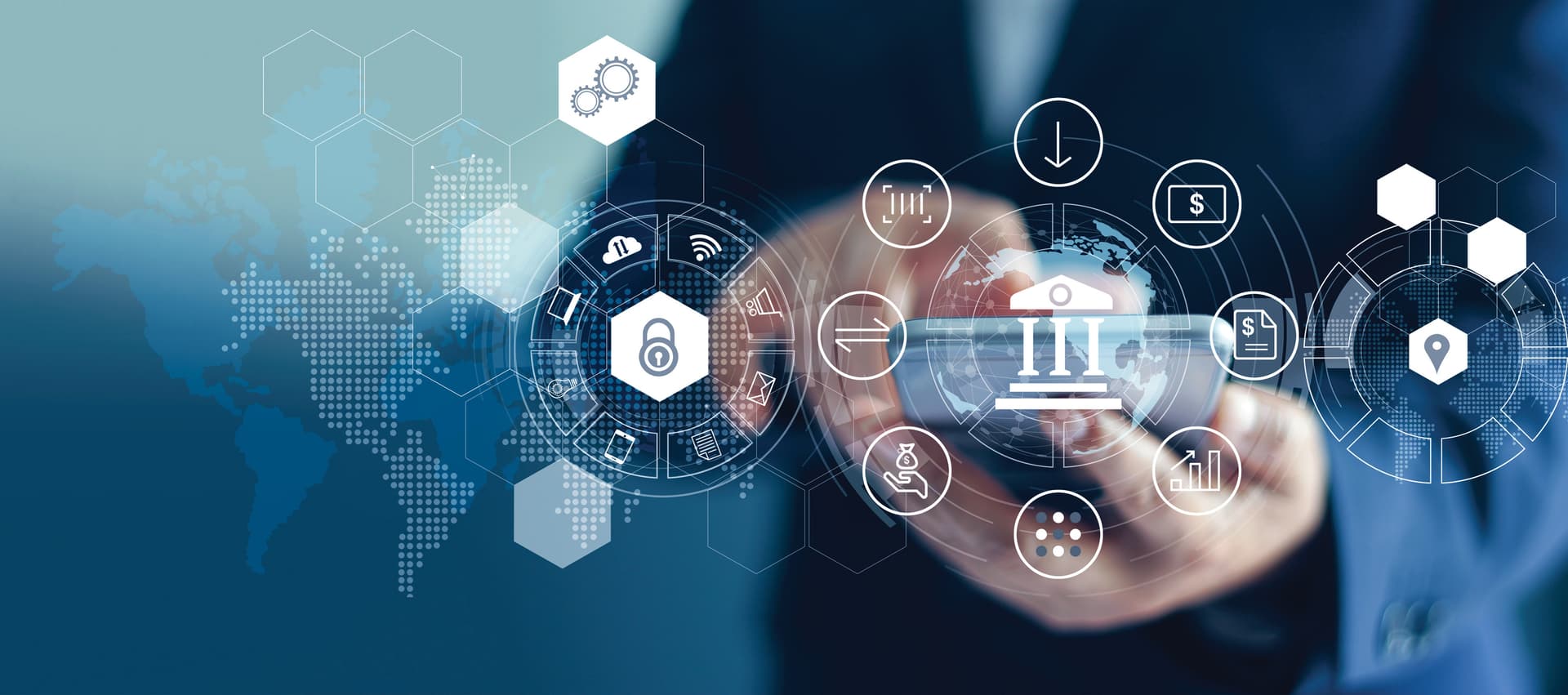 Photo of a person holding a smart phone surrounded by digital and financial symbols.