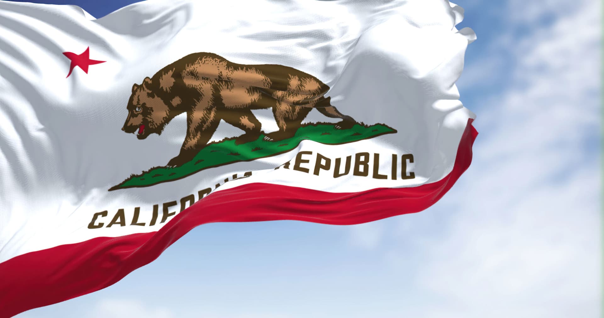 Picture of the California state flag flying in the wind