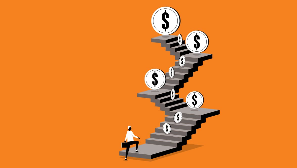 Emerging Managers report overview, a man is daunted by a staircase with money obstacles