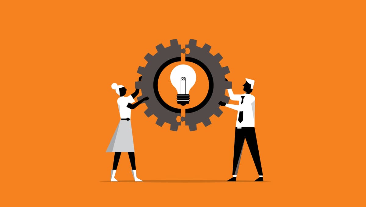 Emerging Managers report methodology, with two business people holding two sides of a cog that encircle a light bulb
