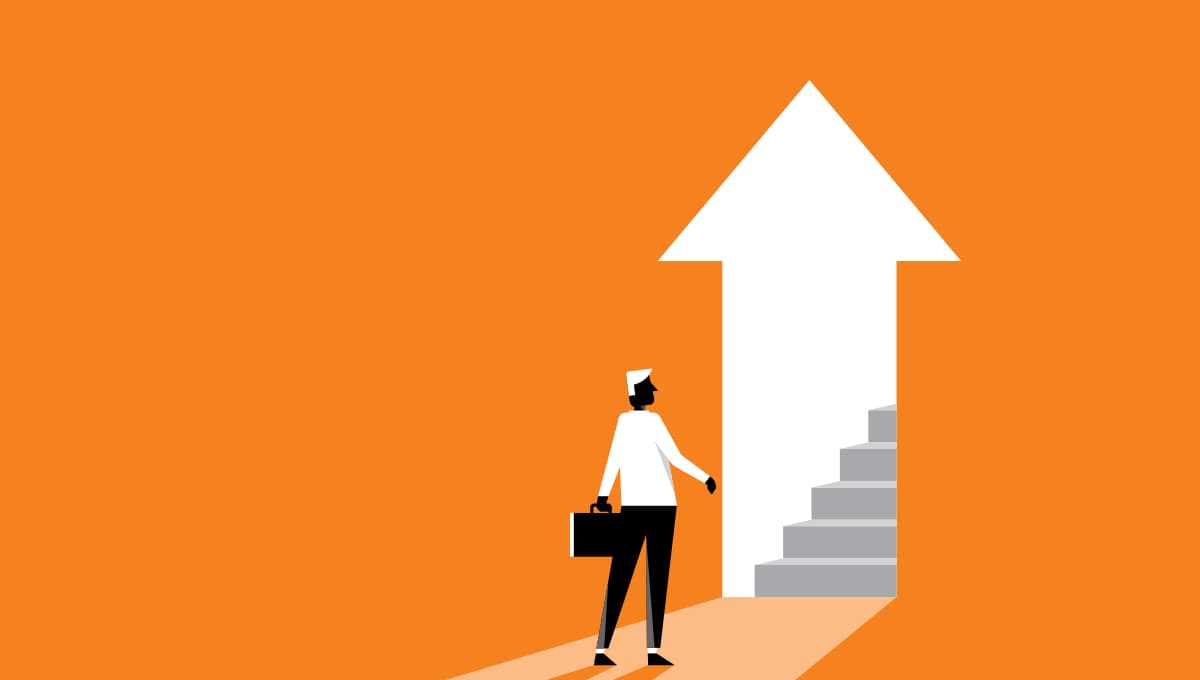 Emerging Managers report talent acquisition, with a business person approaching an arrow-shaped doorway with a staircase that leads up