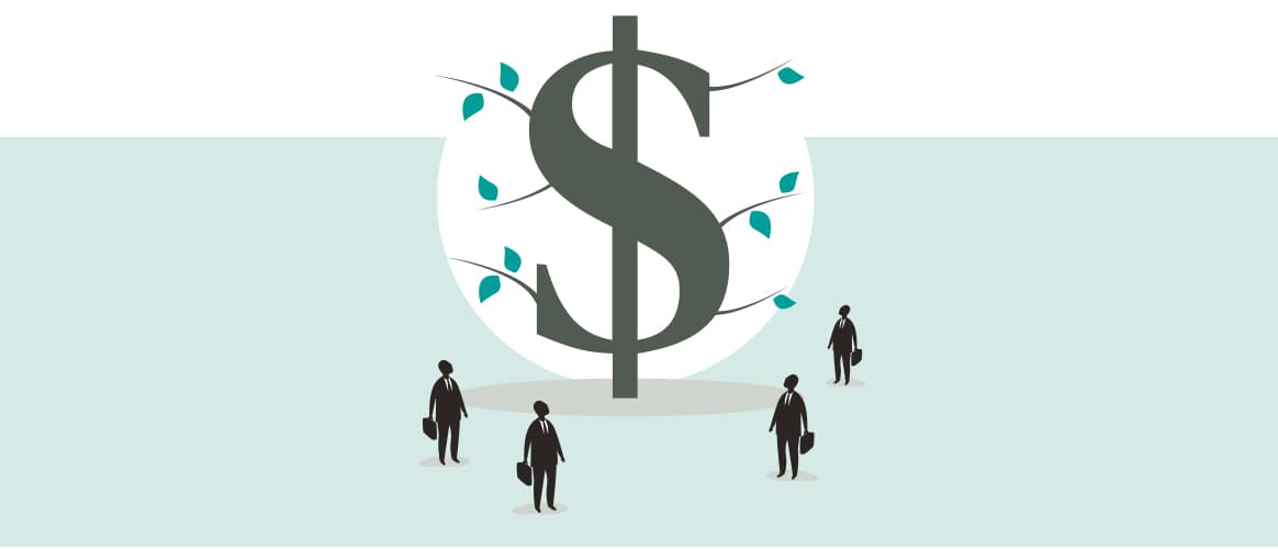 Image of money tree surrounded by business people.