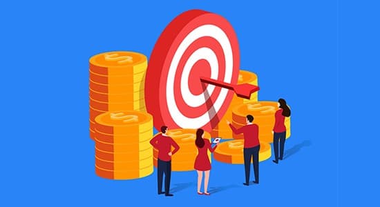 Illustration of a target with an arrow in the middle, surrounded by coins.