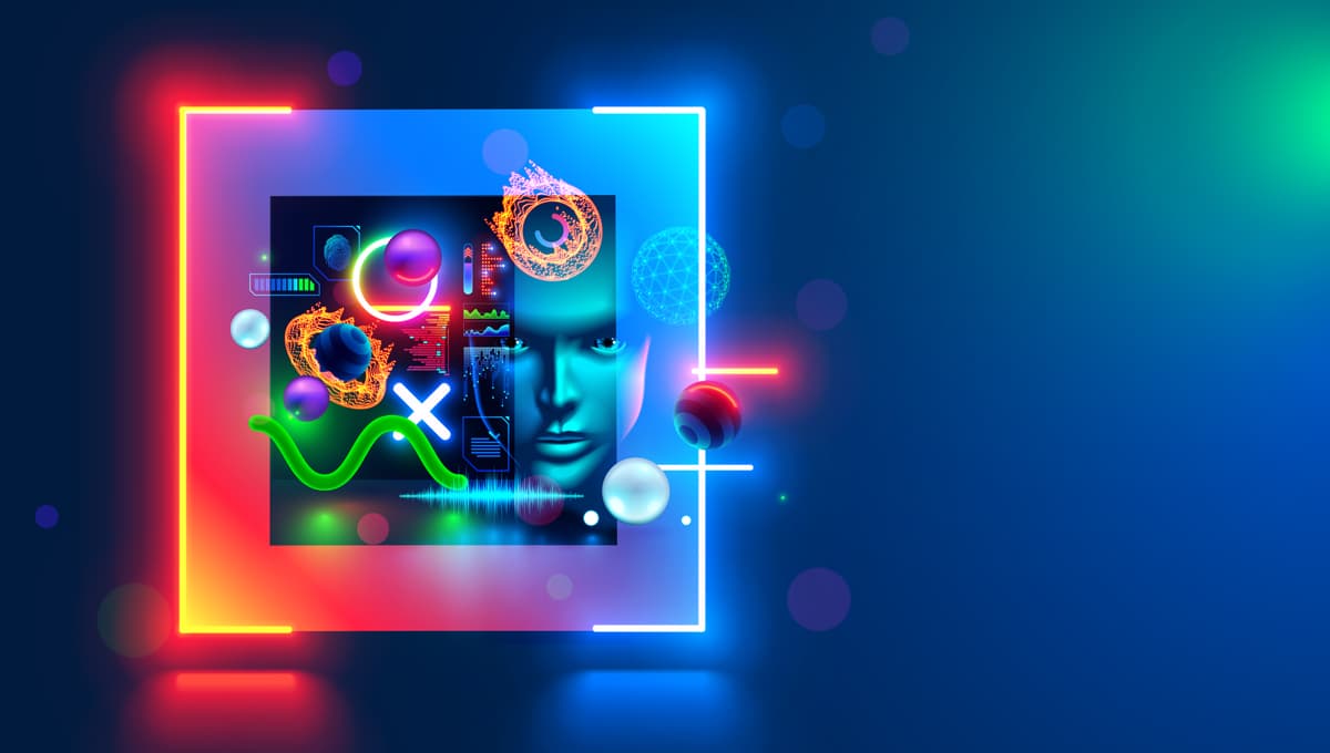 A digital-type human face is surrounded by bio-tech imagery