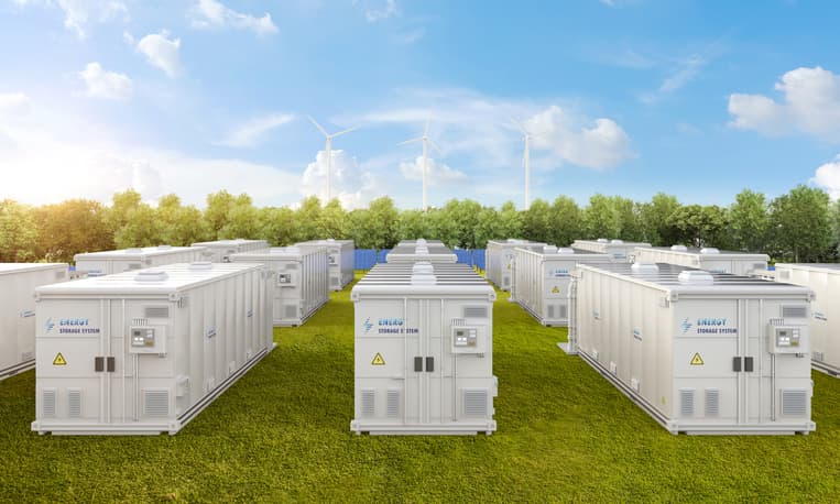 3d rendering amount of energy storage systems or battery container units with solar and turbine farm