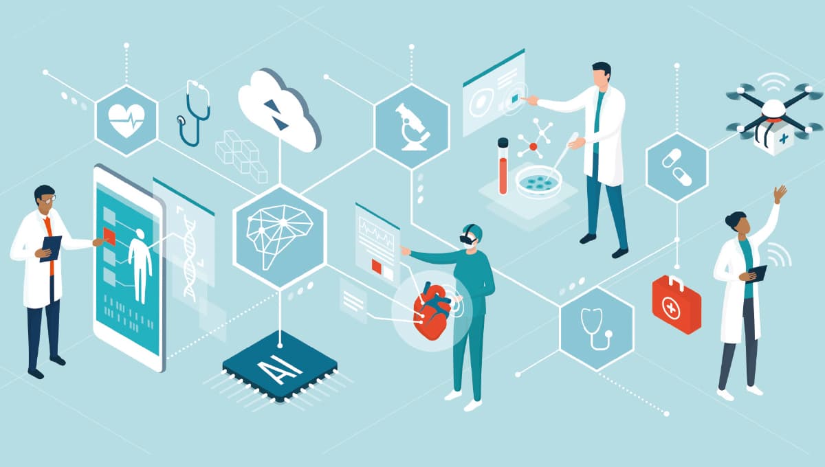 Illustration of doctors and medical professionals using technology