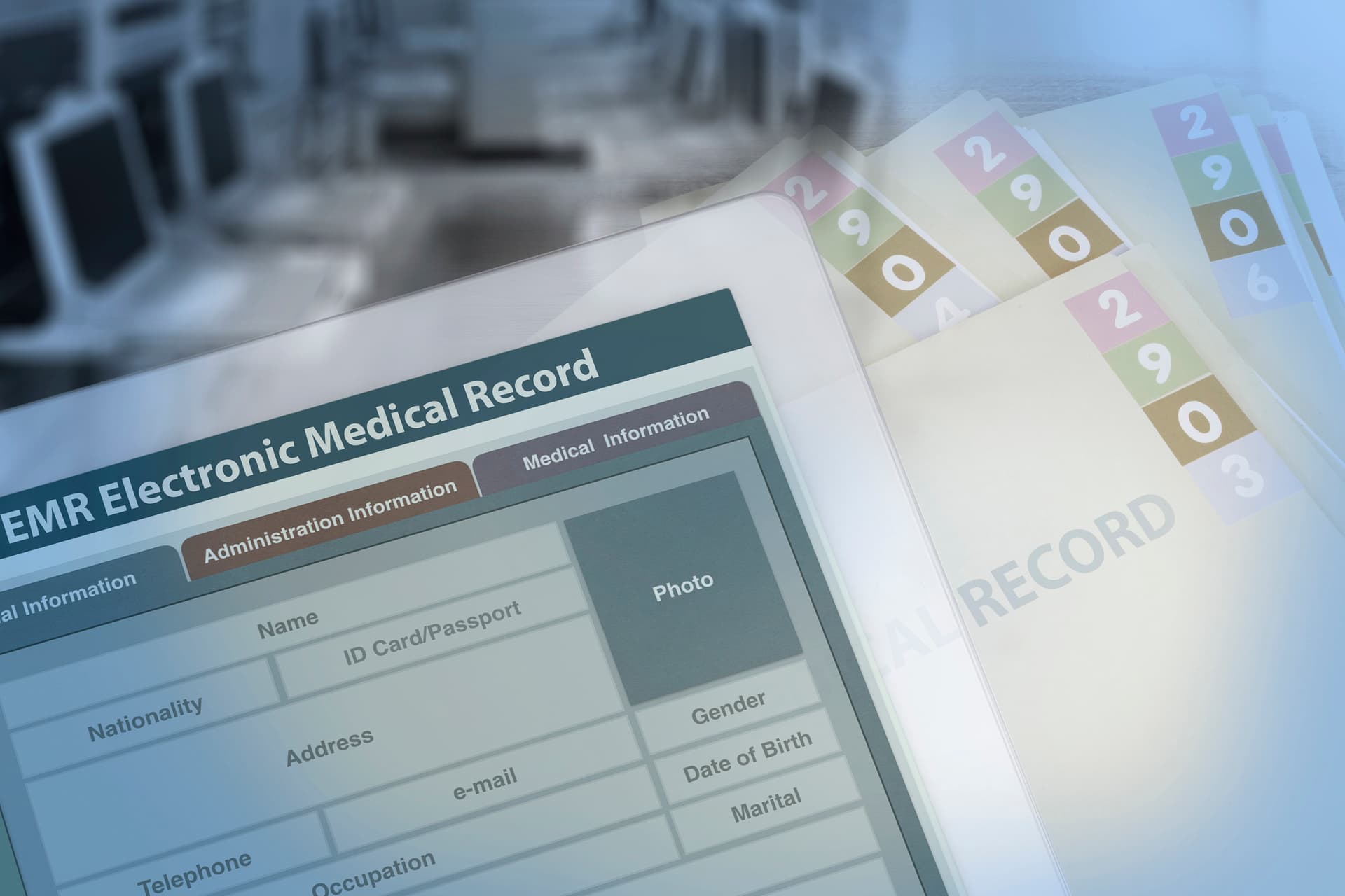 Photo of a blank, generic medical record form.