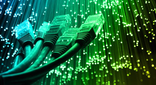 Network cable with Fiber optics light internet concept