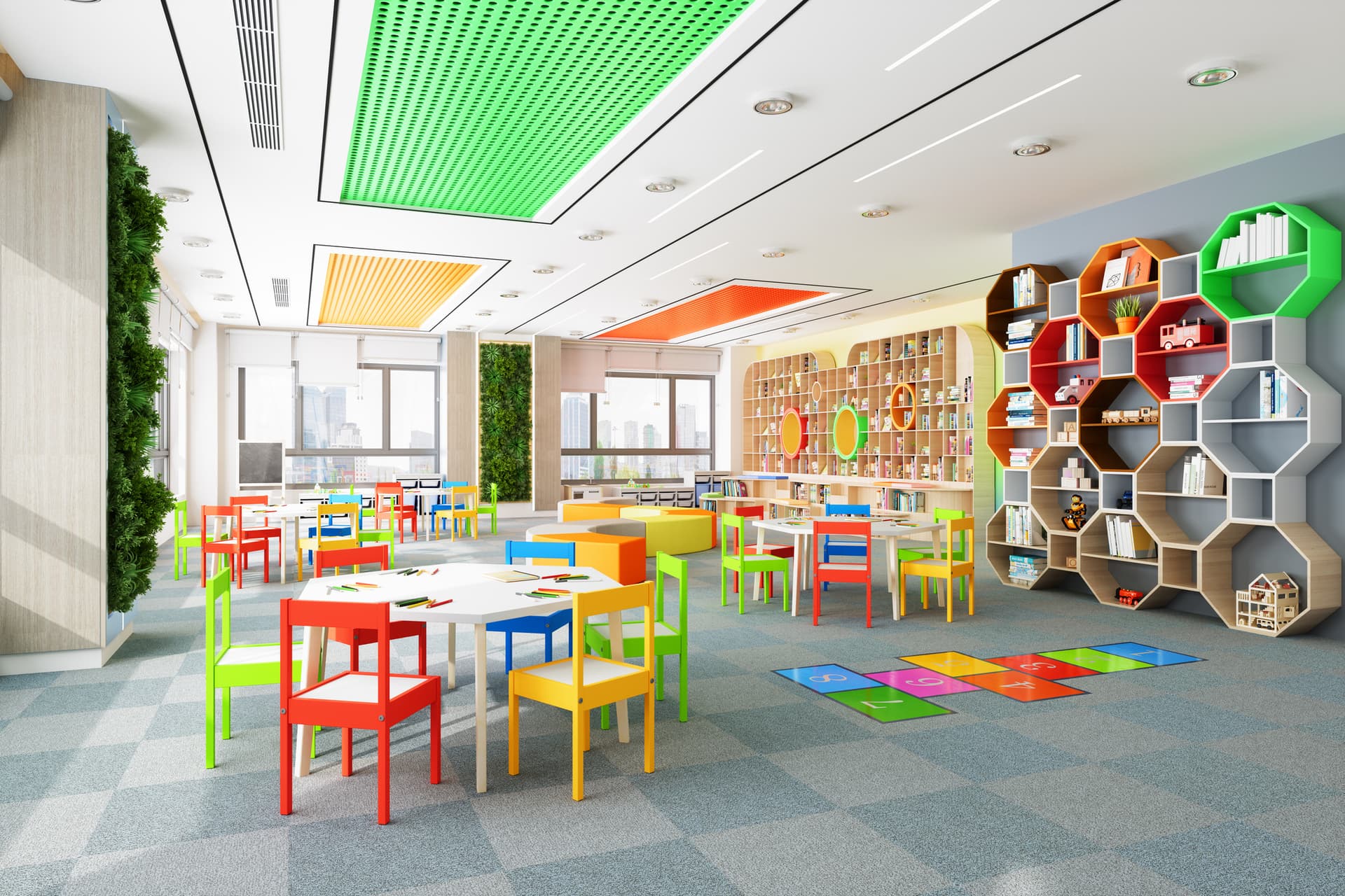 Kindergarten classroom with tables, multi colored chairs and walled garden.