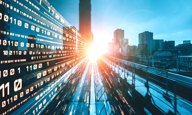 Digital data flow on road with motion blur to create vision of fast speed transfer . Concept of future digital transformation , disruptive innovation and agile business methodology .