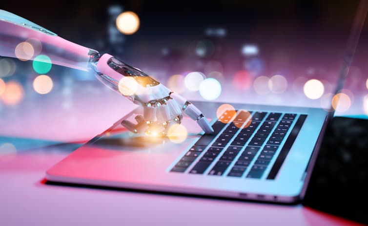 Robotic hand pressing a keyboard on a laptop 3D rendering