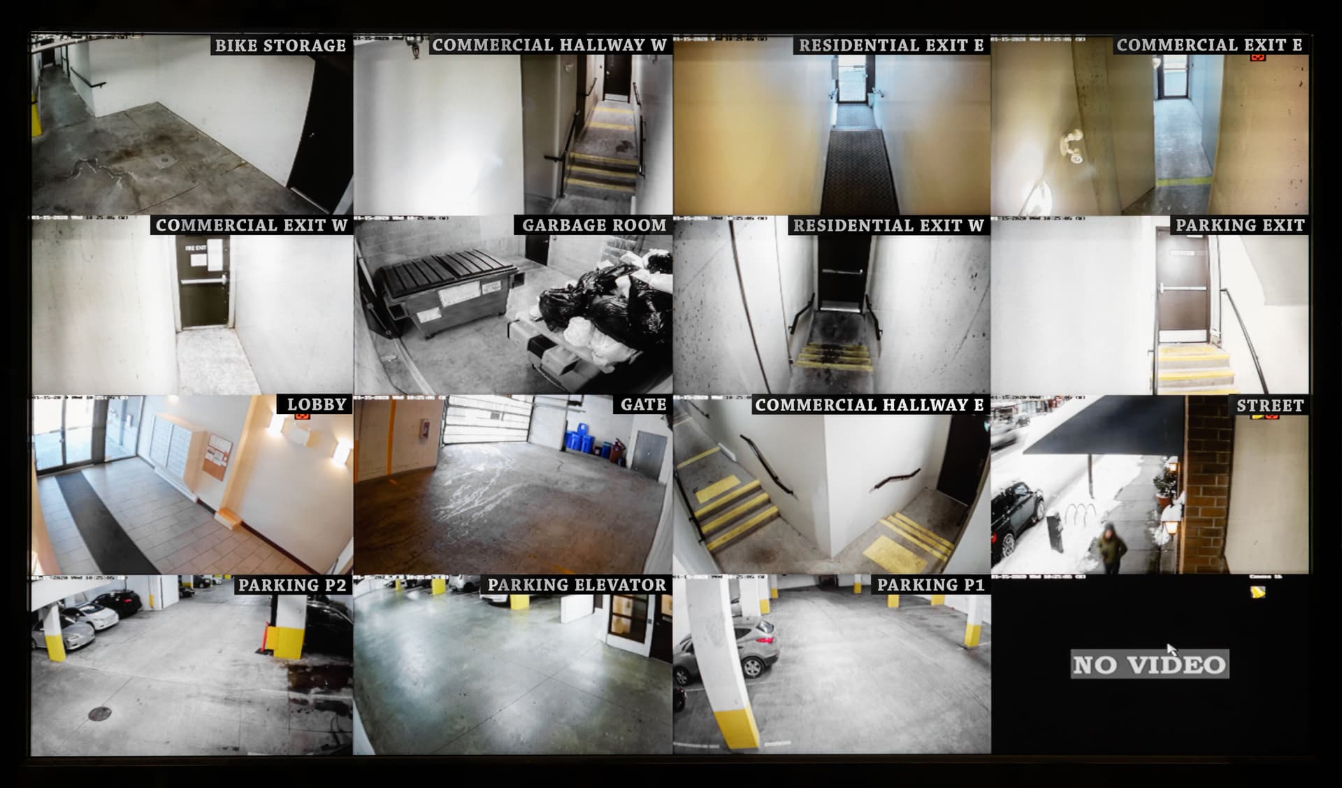 Small high end system of residential, commercial or strata building. Parking, gate, garbage and recycling room, staircase and hallway.