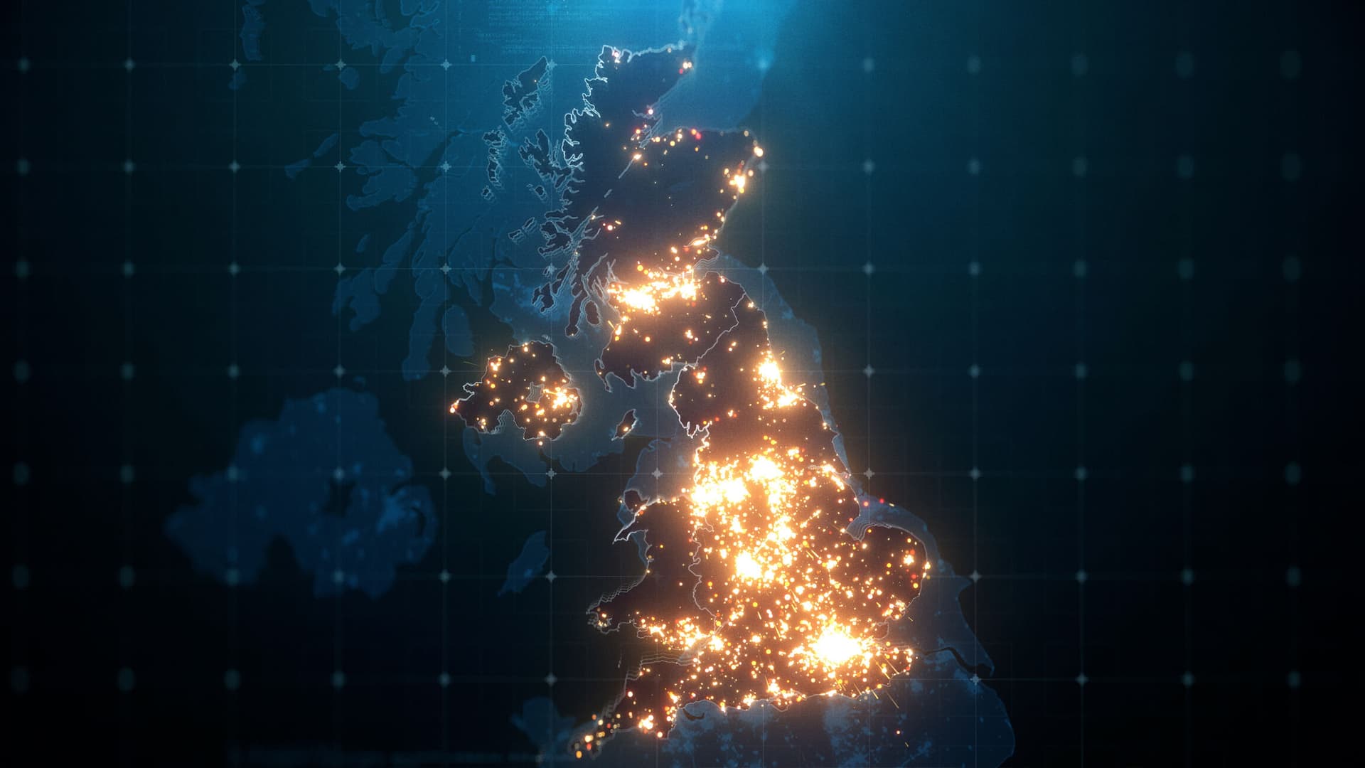 Night Map of United Kingdom with City Lights Illumination. 3D render