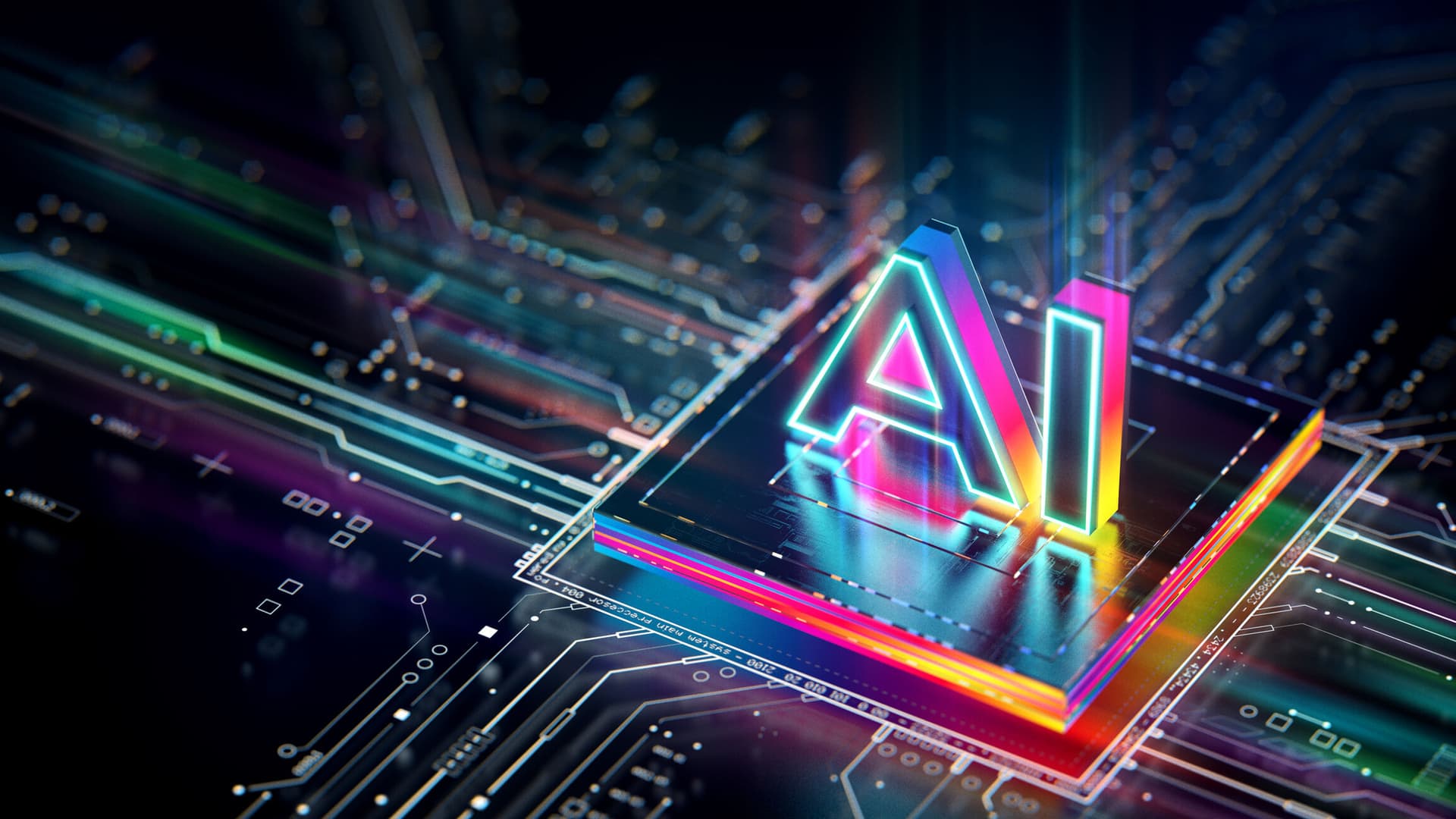 Rendering of a computer chip with 'AI' written on top.