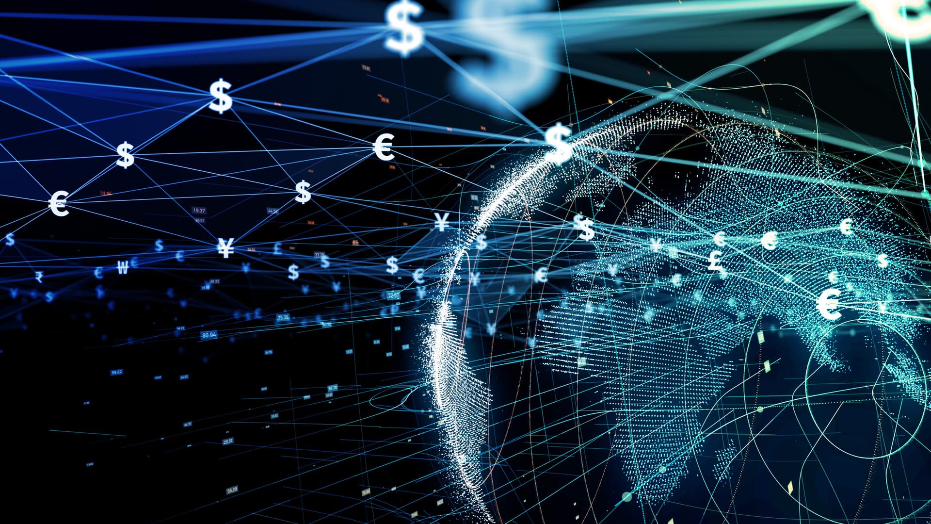 Rendering of a globe with currency symbols projecting from it