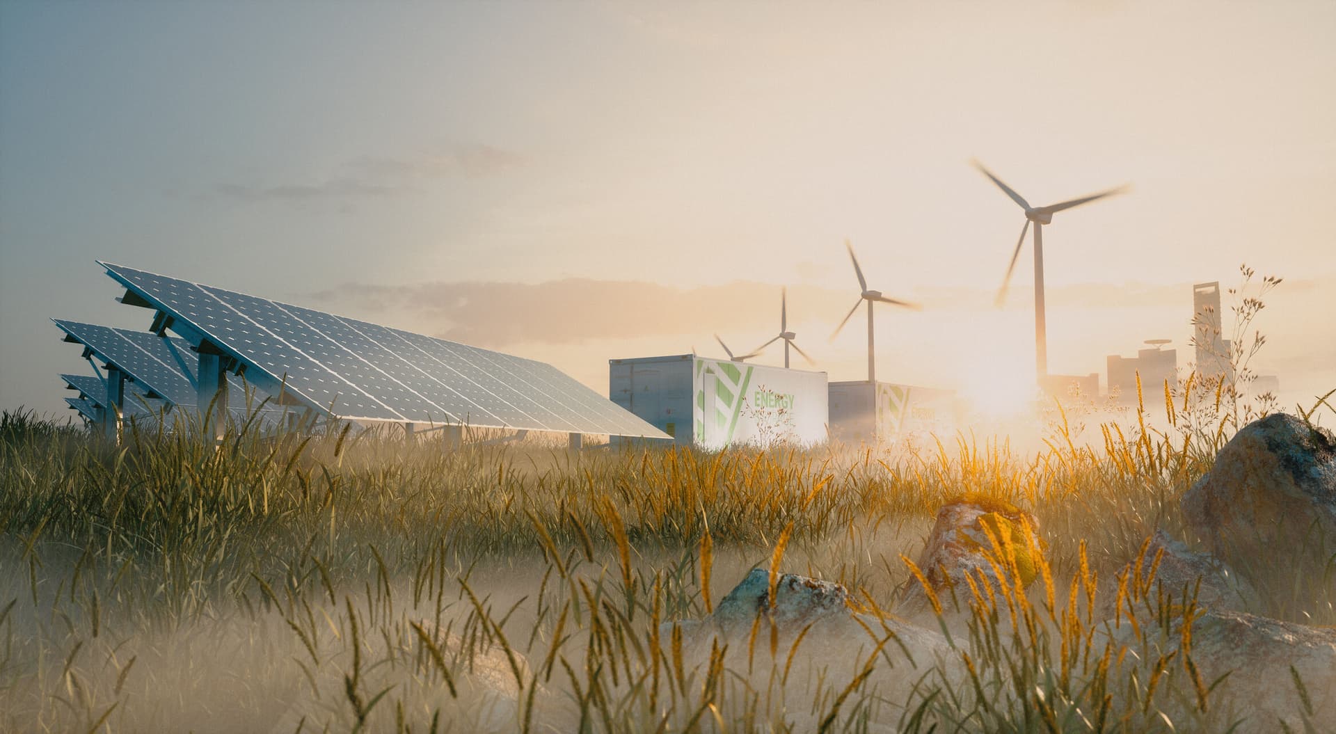 Field of dried grass with renewables in the back.