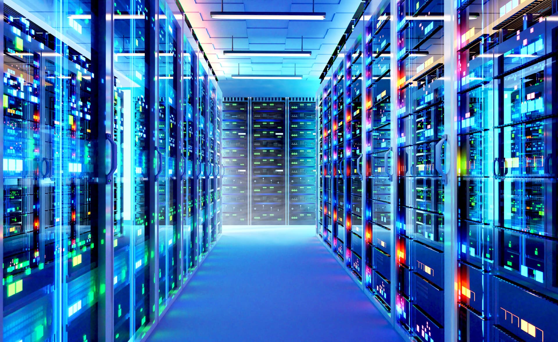 Interior of big modern server room. 3d rendering