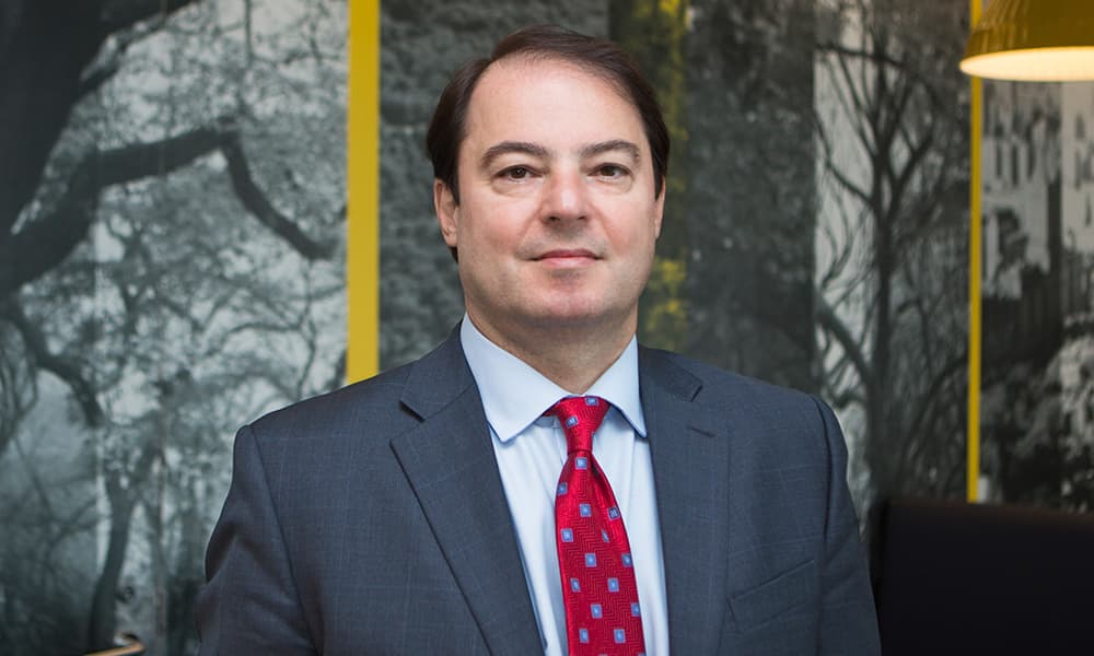 Headshot of EY's Arda Ural in a navy suit and red tie against a background of gray trees.
