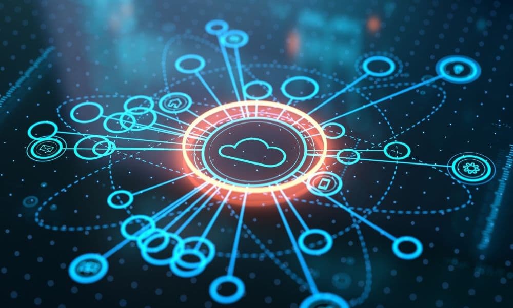 Information technology image with a cloud at the center.
