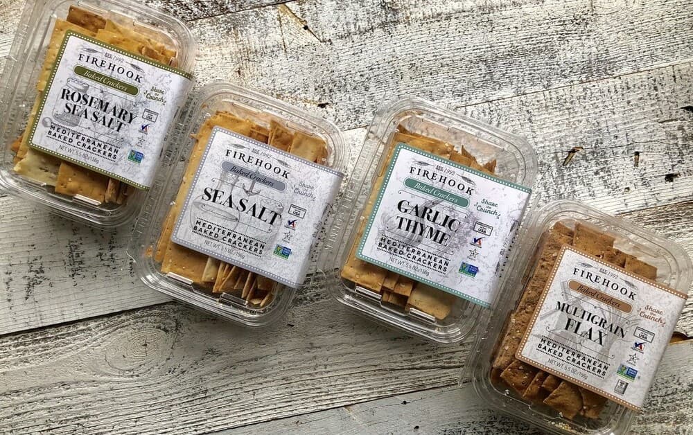 Four cases of Firehook's artisanal crackers.
