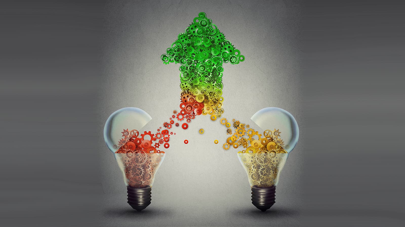Teaming up concept: two open glass light bulbs releasing gears cogs coming together in the shape of upward arrow symbol