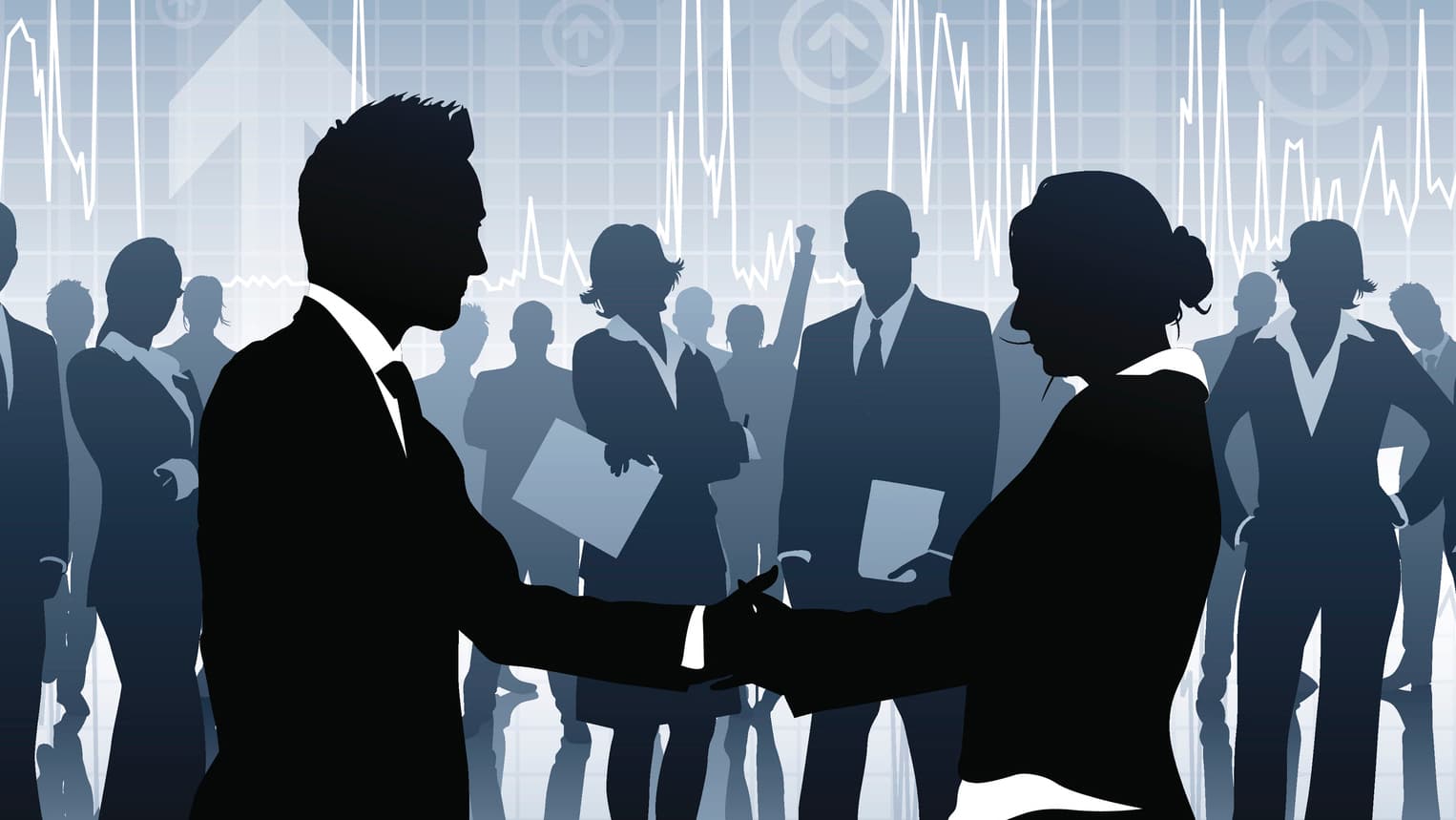 Illustration of silhouetted dealmakers