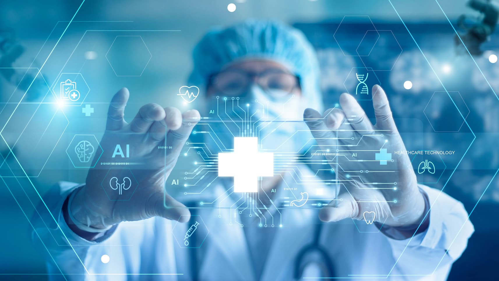 Medical technology, doctor use AI robots for diagnosis, care, and increasing accuracy patient treatment in future. Medical research and development innovation technology to improve patient health.