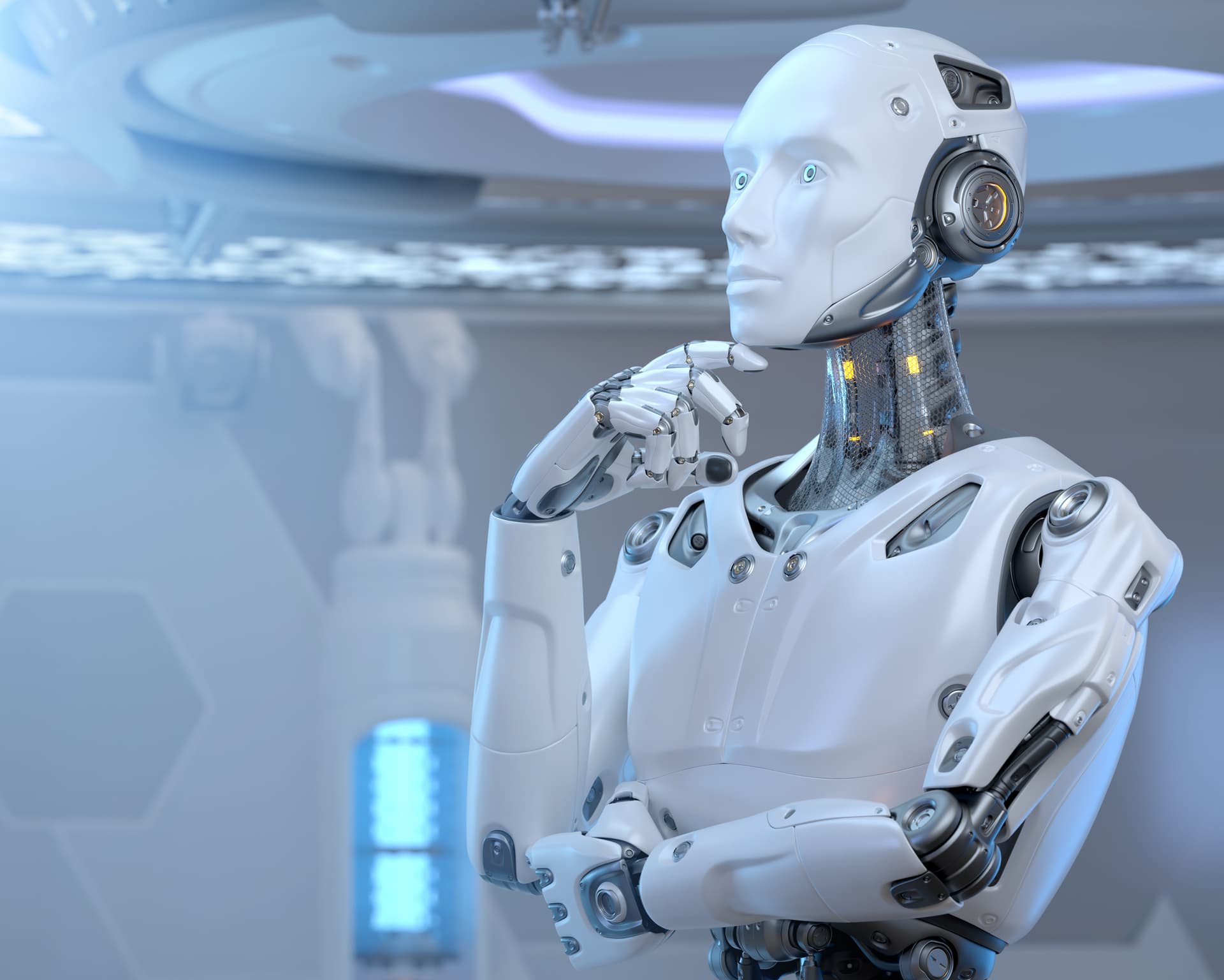 Humanoid robot standing in Sci-Fi interior. 3D illustrration