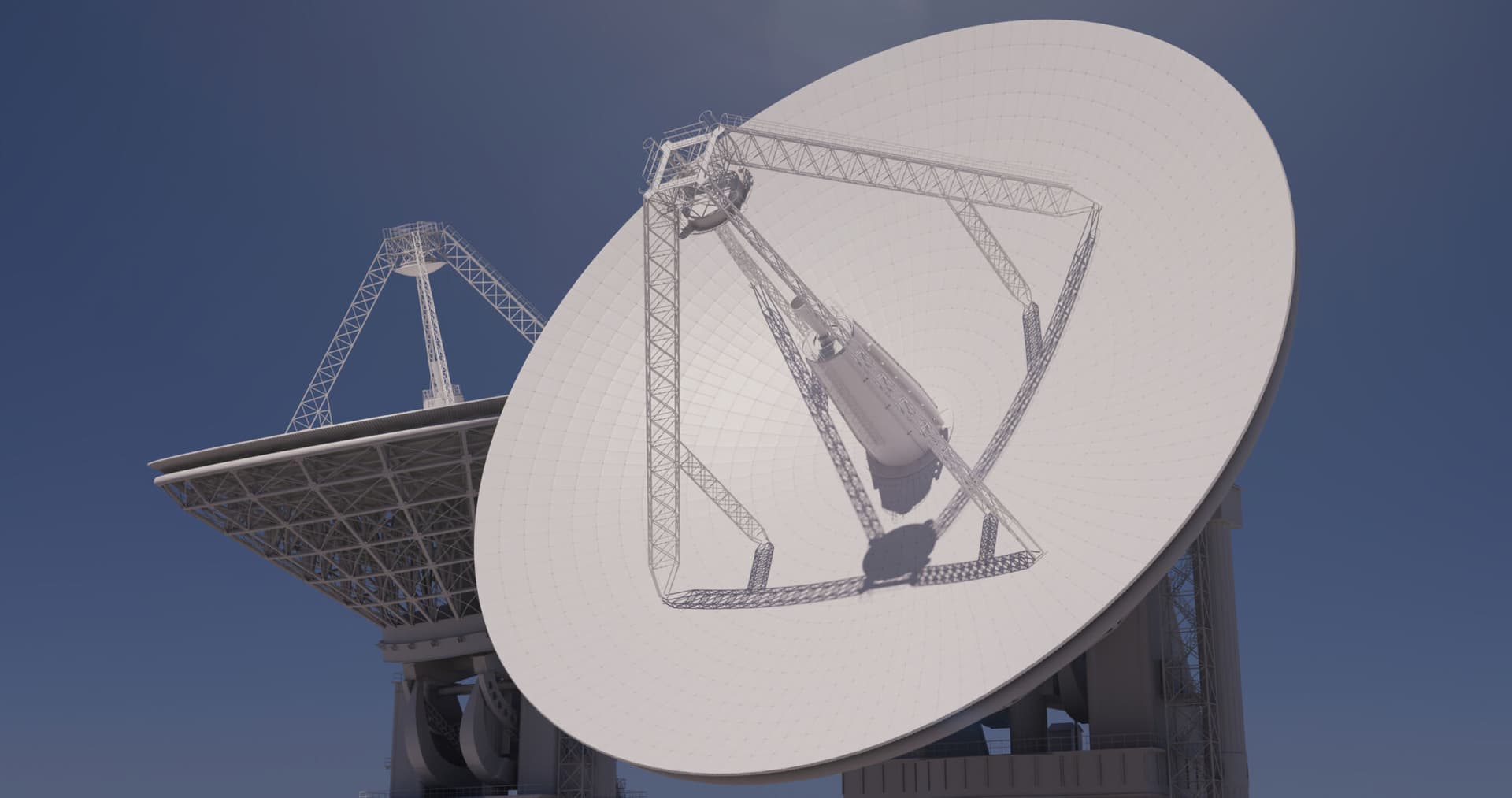 Two parabolic satellite dish antennas pointed toward the sky