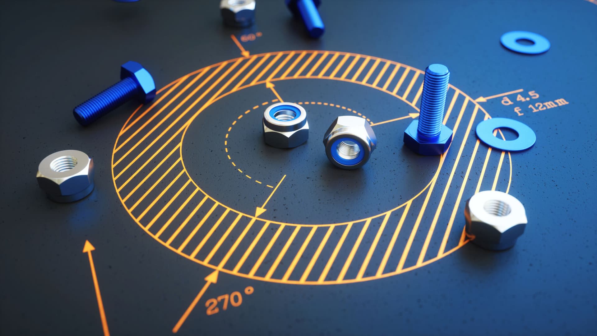 Bolts and nuts on a hatching blueprint extreme close up.