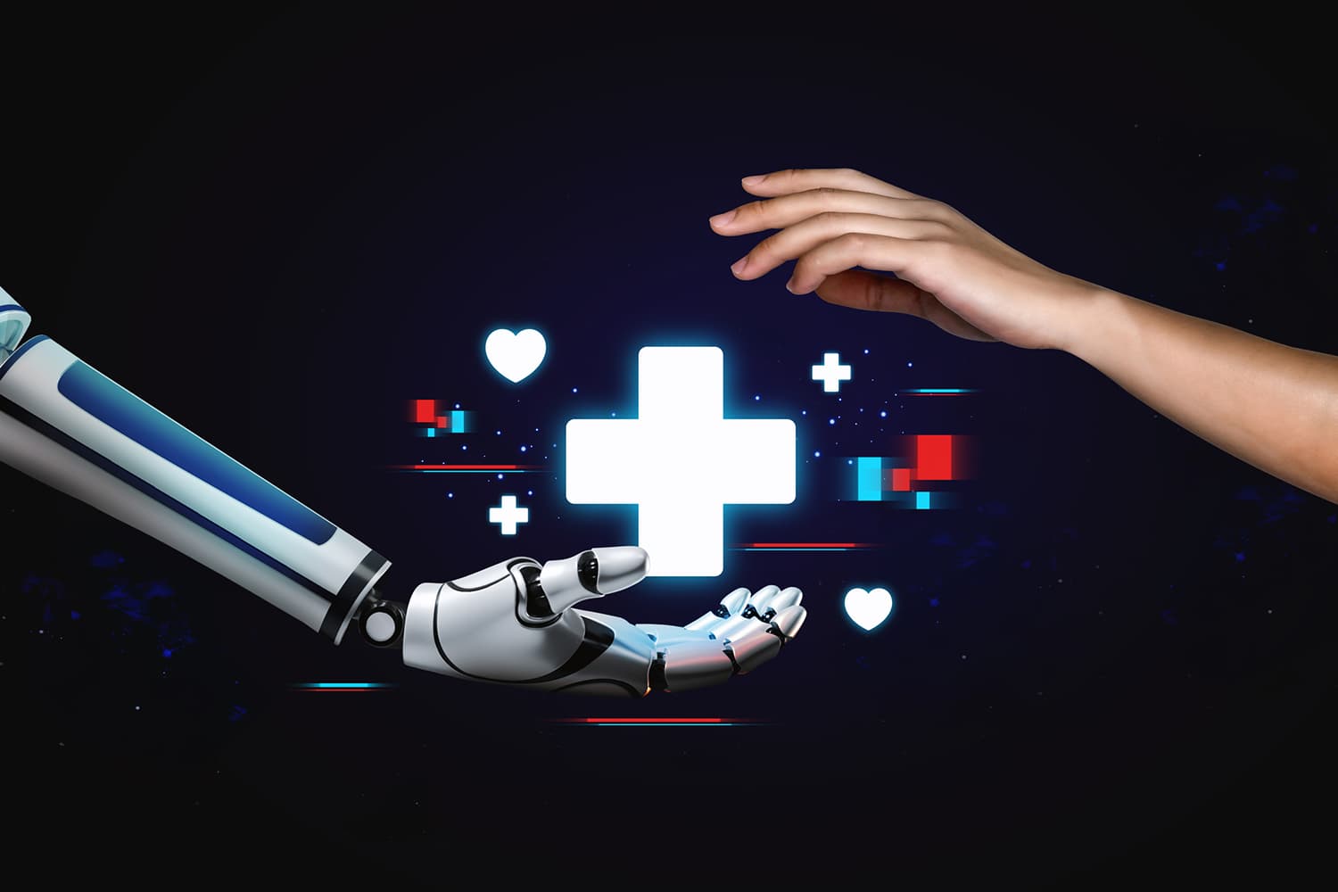 A futuristic concept of AI and human collaboration in healthcare, symbolizing the future of medical technology, artificial intelligence, and digital health transformation.