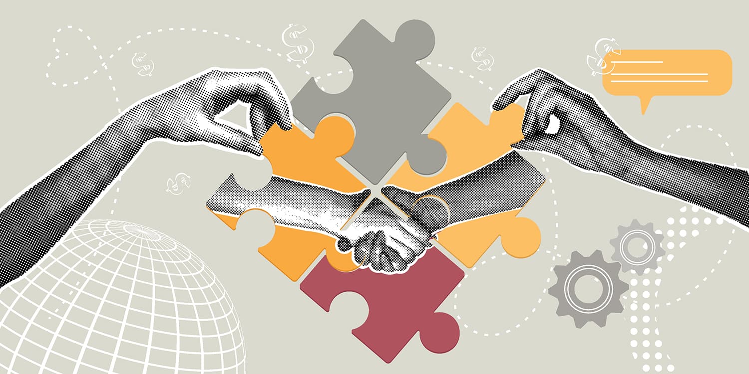 Concept of partnership, sponsorship, agreement, contract conclusion using puzzle pieces.