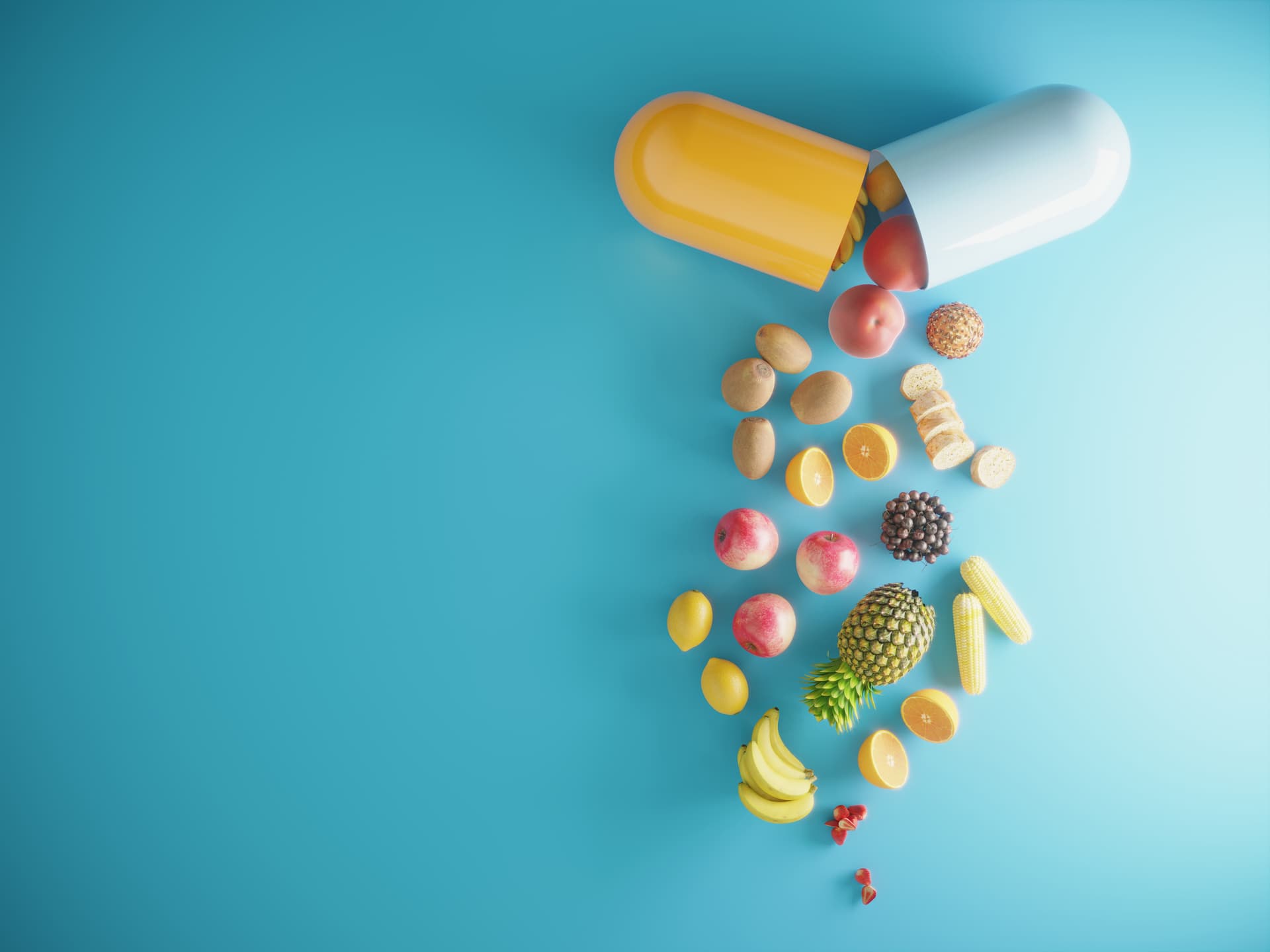 An opening capsule and coming through foods, fruits. ( 3d render )