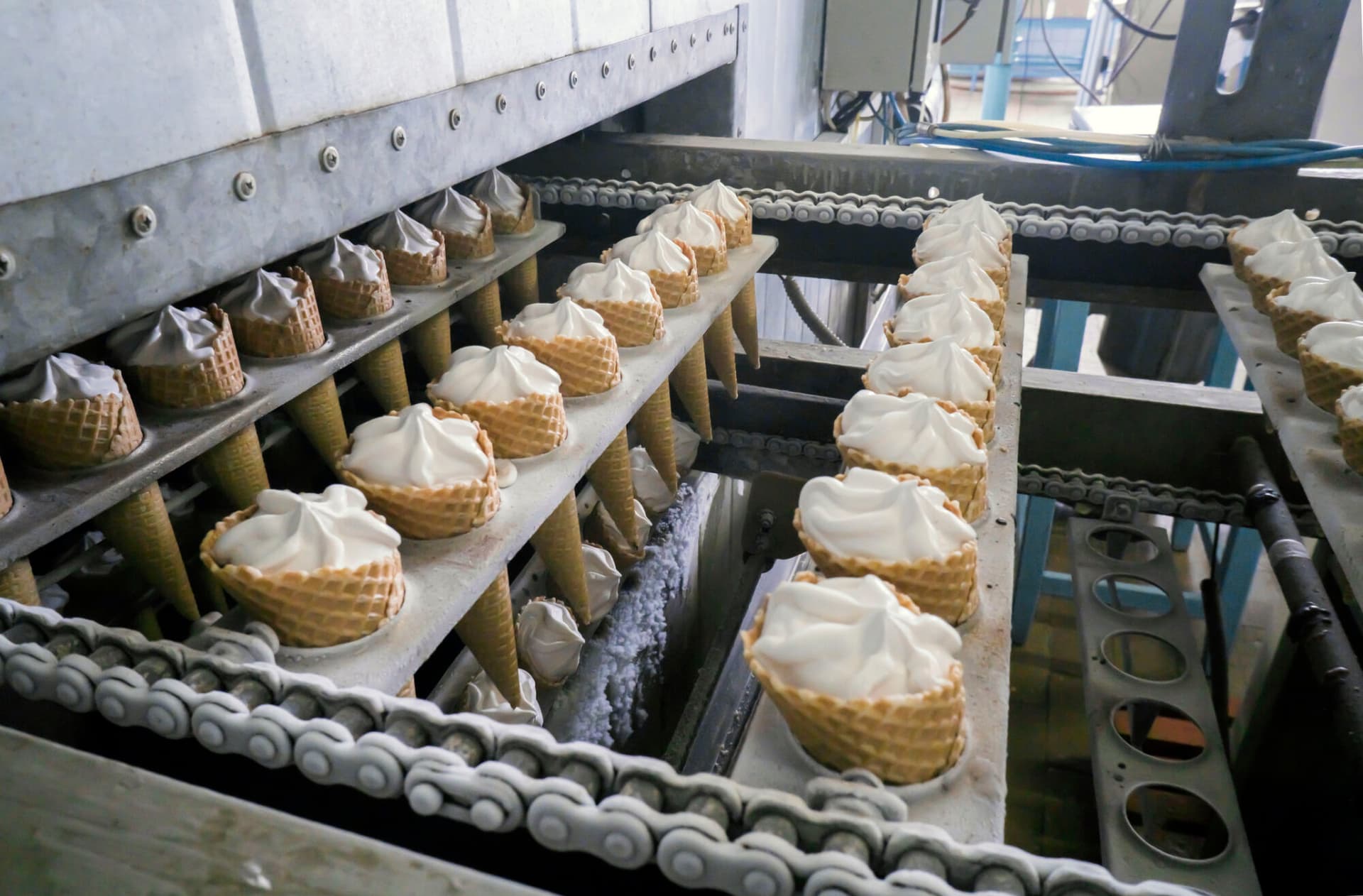 Ice cream, cone conveyor belt