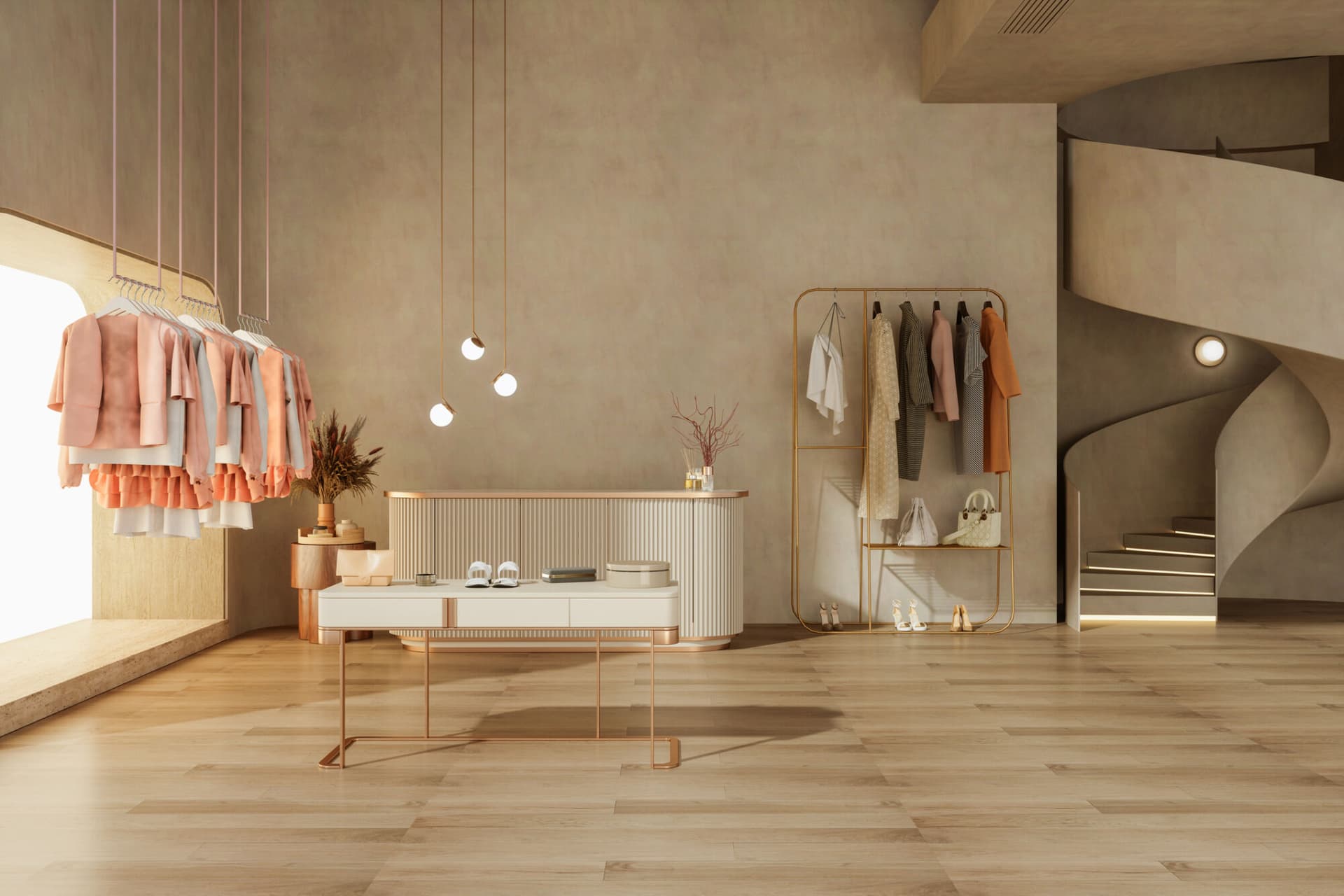 Luxury Clothing Store Interior With Clothes, Shoes And Pendant Lights