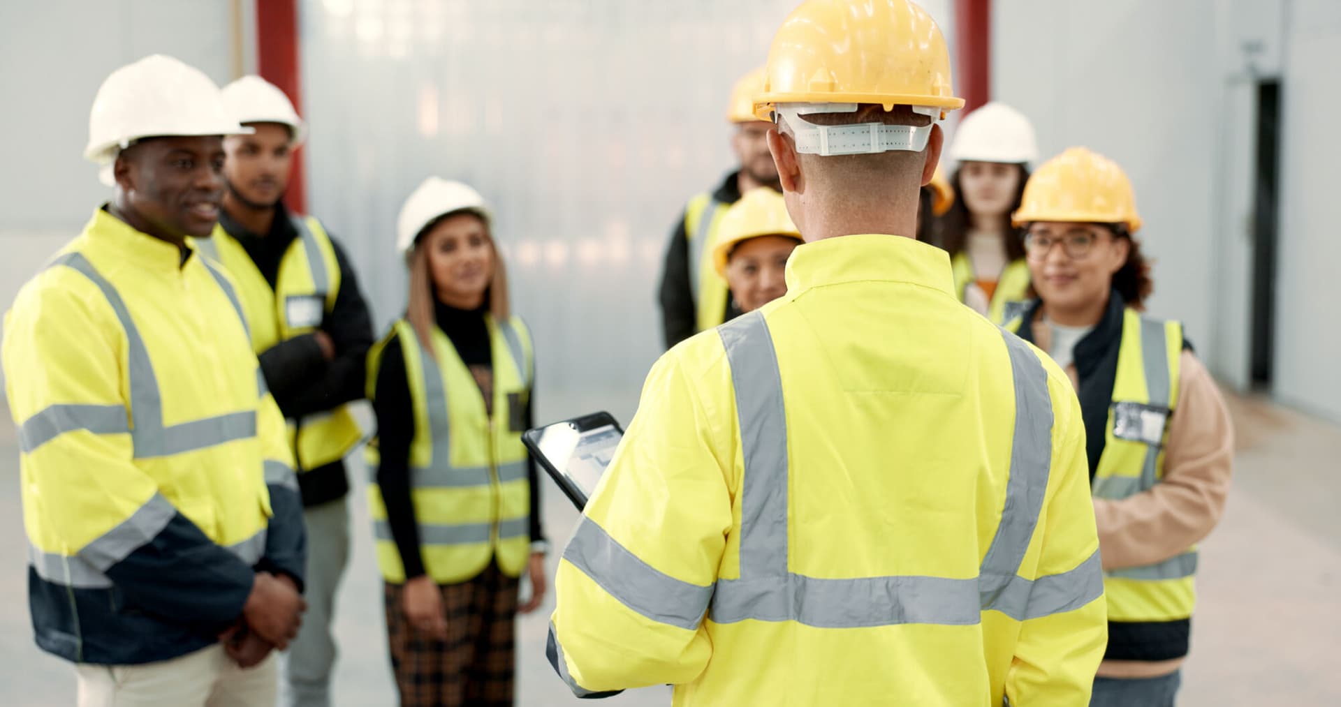 Construction, teamwork and people in meeting for planning, brainstorming and discussion in building. Architecture, engineering and men and women for inspection, property development and project