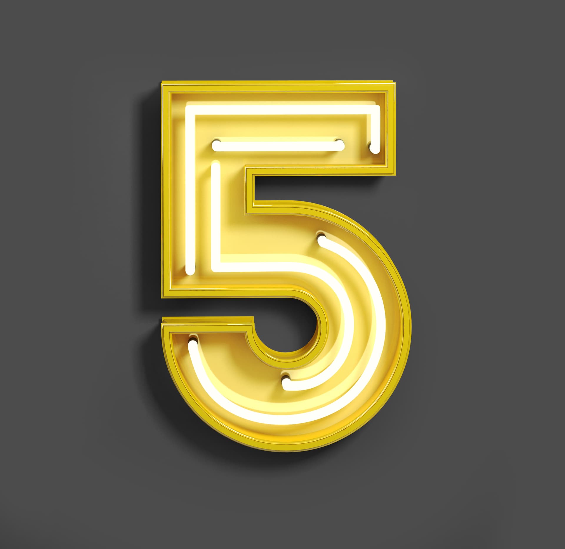 Bright Neon Font with fluorescent yellow tubes. Number 5.