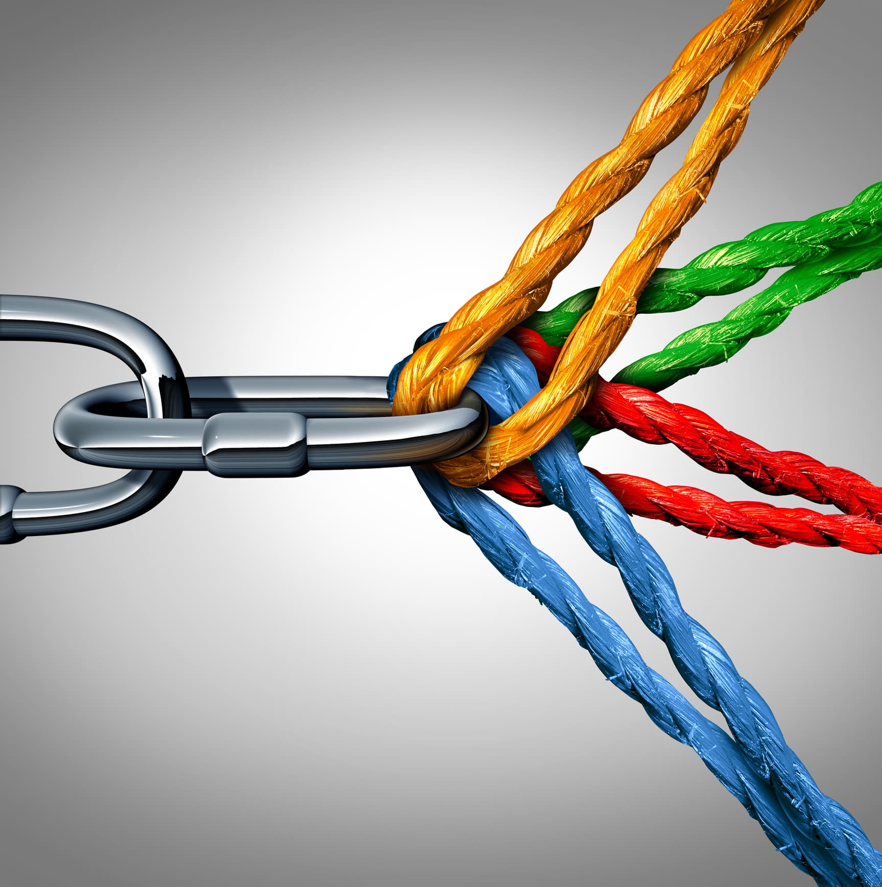 Concept of connection as a connected group symbol with different ropes tied and linked together pulling on a metal chain.