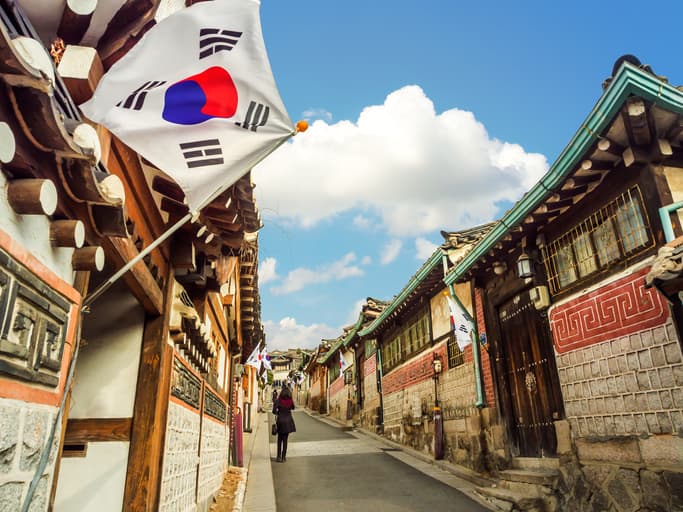 Flags line a lane in Seoul, South Korea