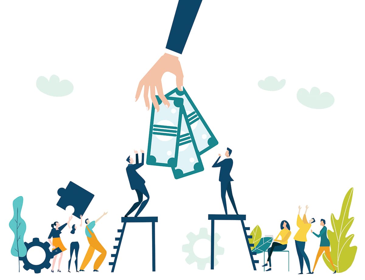 People climbing up to the success, for the better income, salary, pay raise. Business concept illustration.