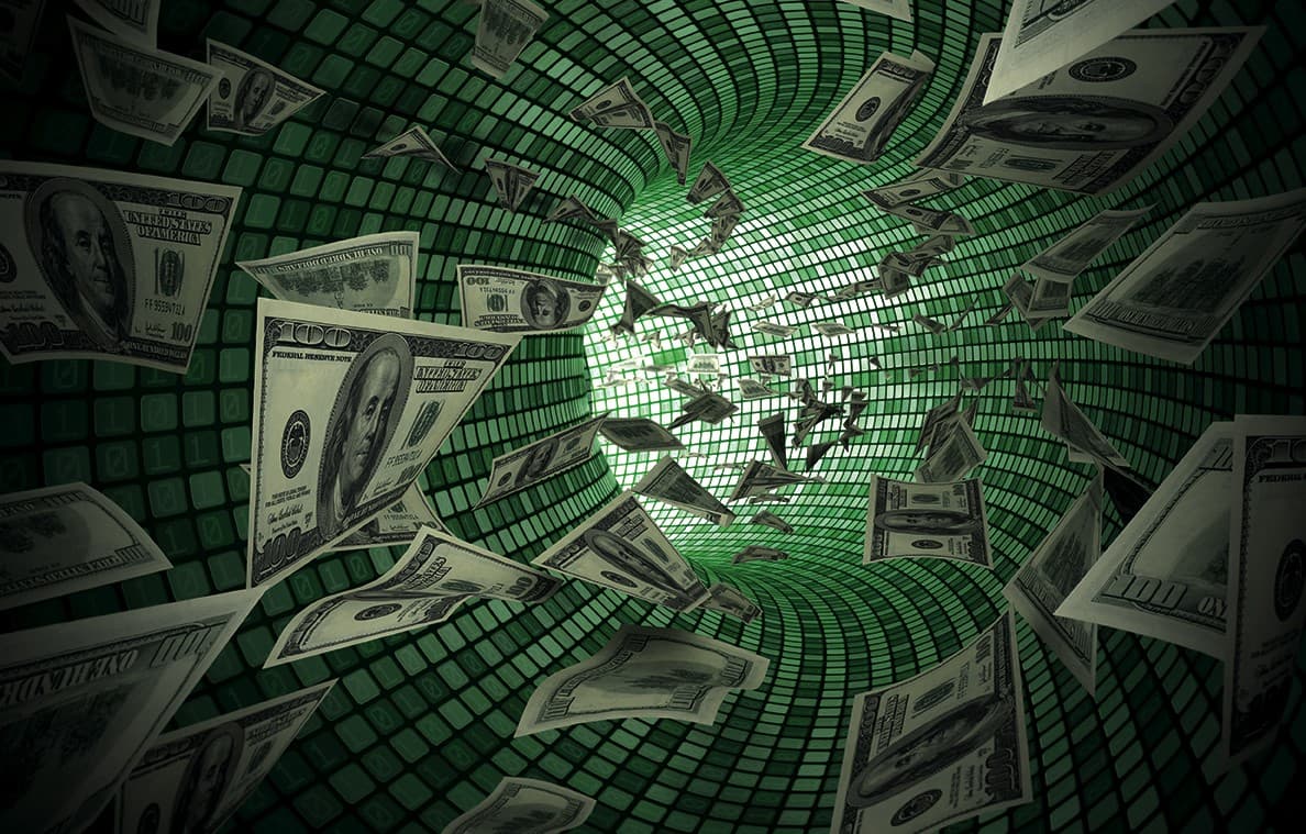 A tunnel made up of binary code and dollar bills