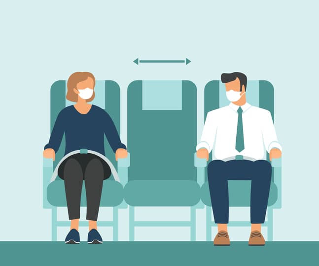 Passengers wearing protective medical masks travel by airplane. New seating regulations on flights. Travel during coronavirus COVID-19 disease outbreak.