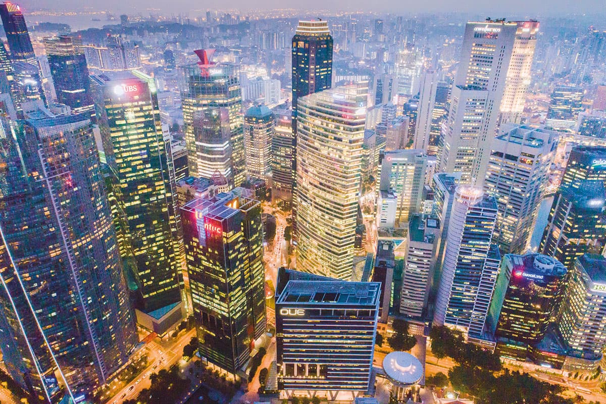 A night-time scene of offices in Singapore