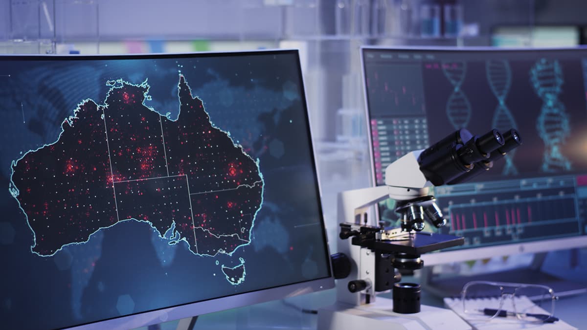 Futuristic laboratory. Virus spreading on Australia map. Scanning DNA mutations