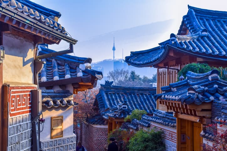 Korean houses with city in distance