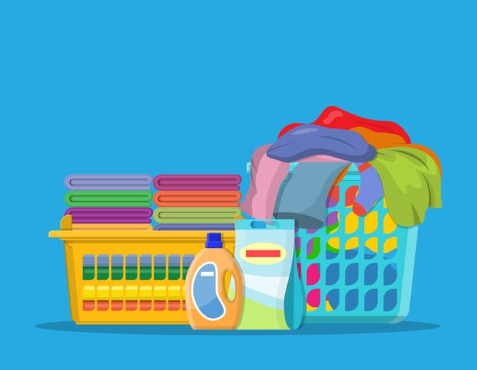 Laundry linen or clothes in baskets, washing