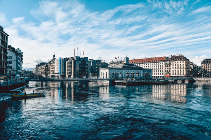 Buildings On Rhône Rive Quay In Geneva, Switzerland
