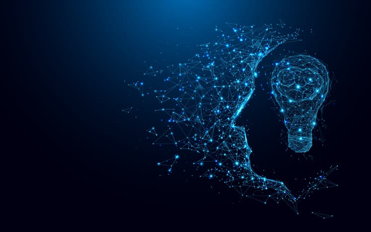 Abstract Head and lightbulb form lines and triangles, point connecting network on blue background. Illustration vector