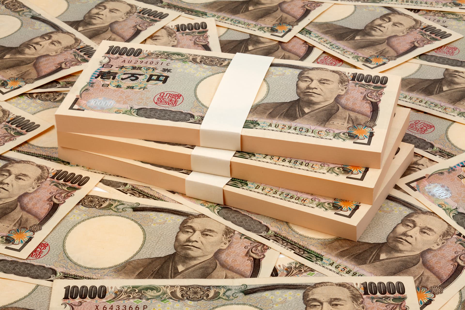 Stacks of 10,000 Japanese yen notes
